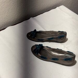 Parisian Works Metallic Brown Quilted Ballet Flats with Teal Velvet Accents